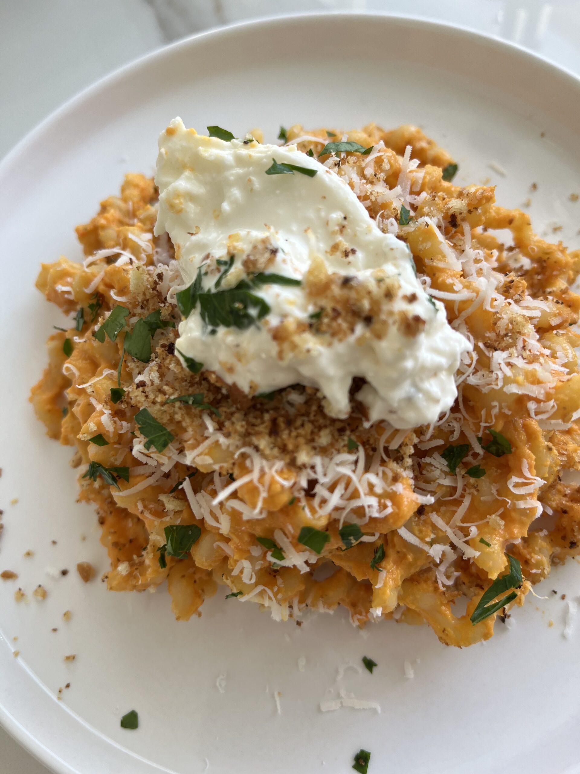 Creamy Carrot Pasta with Homemade Breadcrumbs and Burrata