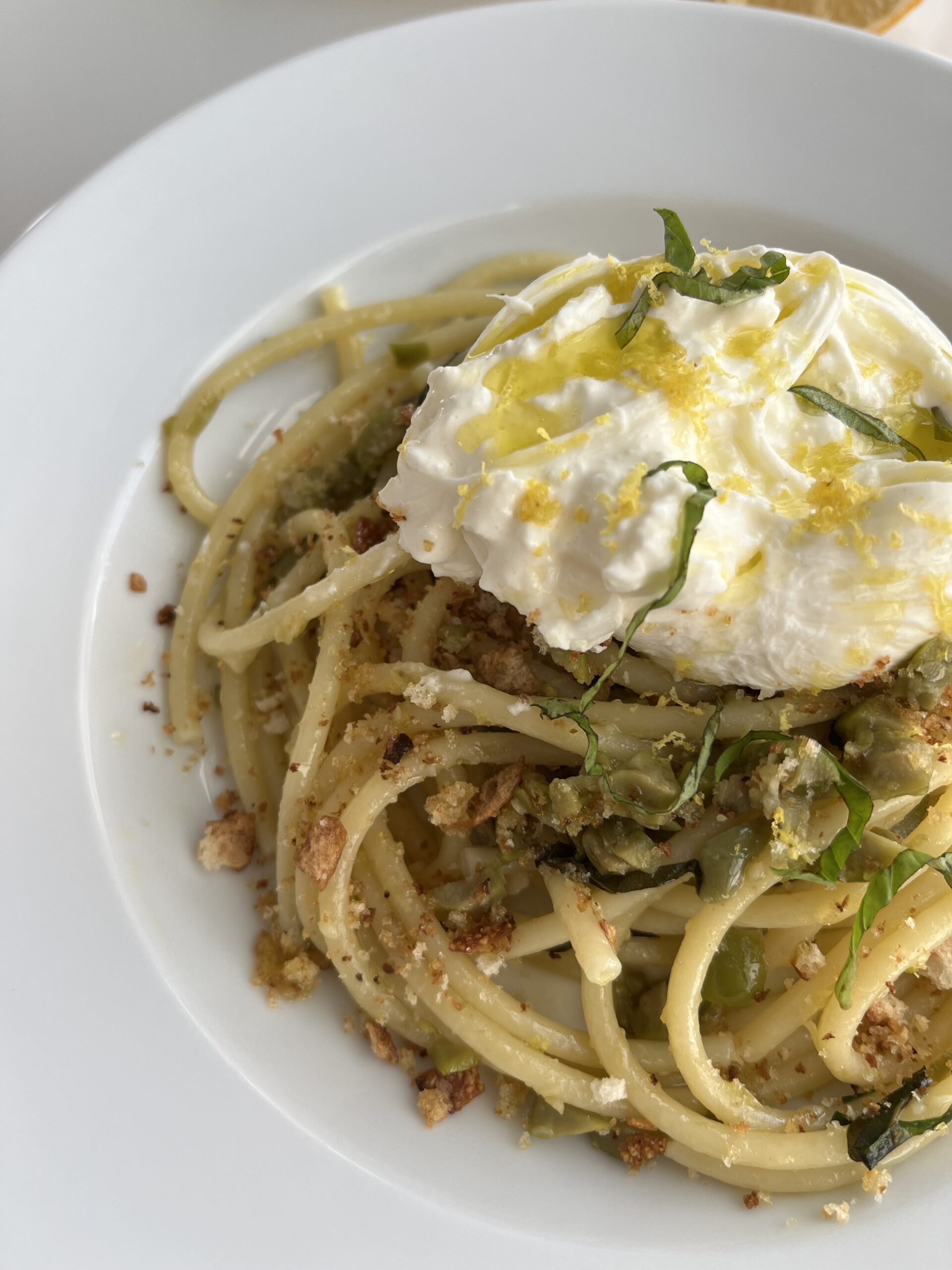 Bucatini with Castelvetrano Olives, Lemon, and Burrata topped with Homemade Breadcrumbs