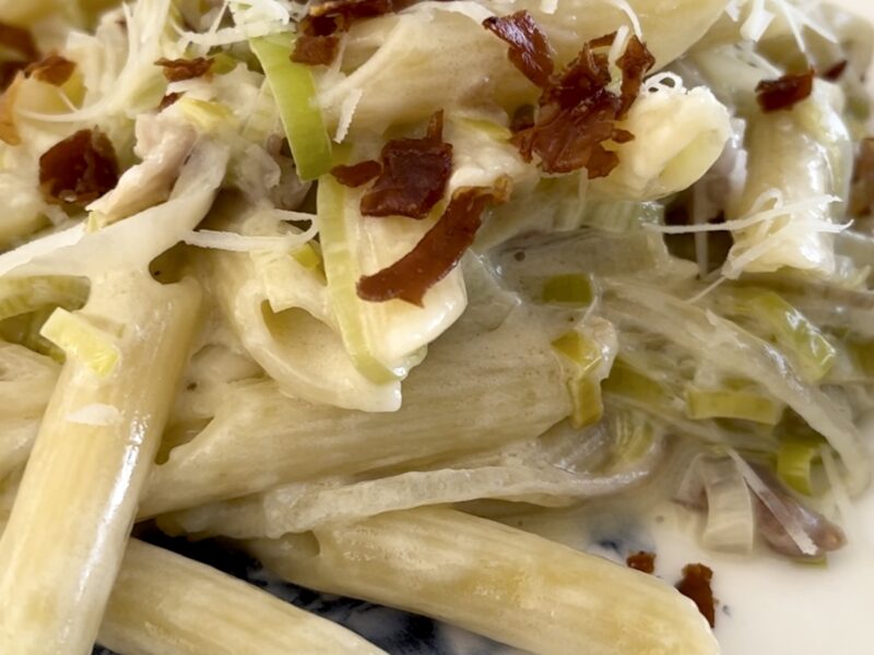 Penne Pasta with Proscuitto, Leeks, and Shallots